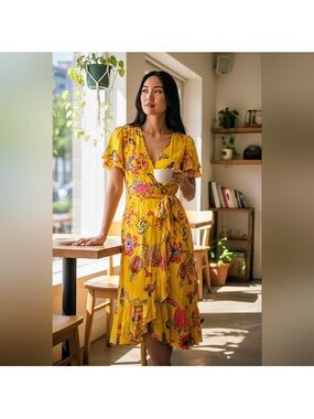 Banjanan Yellow Floral Ruffle-Tier Maxi Dress